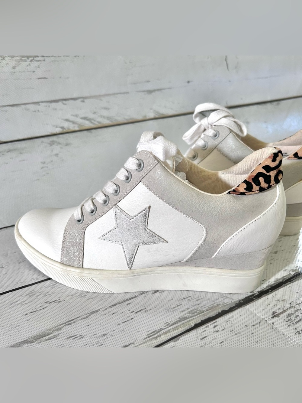 MIA White Sneakers with Silver Star and Leopard Heel Size 8 1/2